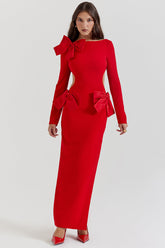 Bow Decor Long Sleeve Backless Slim Fit Side Slit Gowns Maxi Dresses-Red